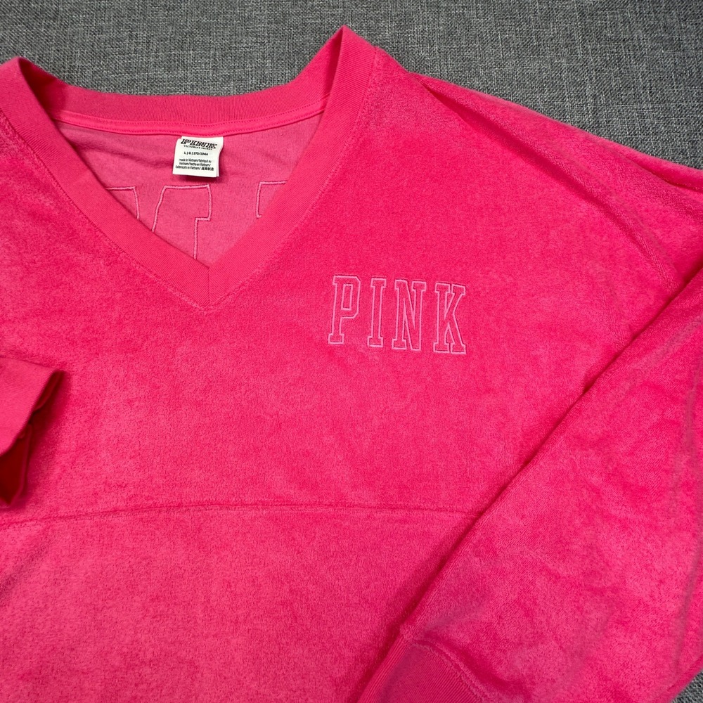 PINK Victoria's‎ Secret Terry Cloth Spirit Jersey Women L Pink V-Neck Oversized - Picture 8 of 9